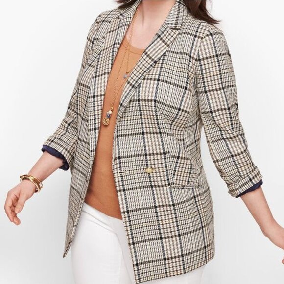 Talbots Petite Brown Ivory Blue Plaid Gold Double Breasted Blazer Size 16 Petite - Picture 1 of 15